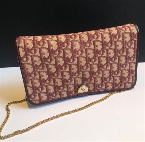 1970 dior clutch burgundy maroon with cahin|CHRISTIAN DIOR Vintage Monogram Shoulder Clutch Chain .